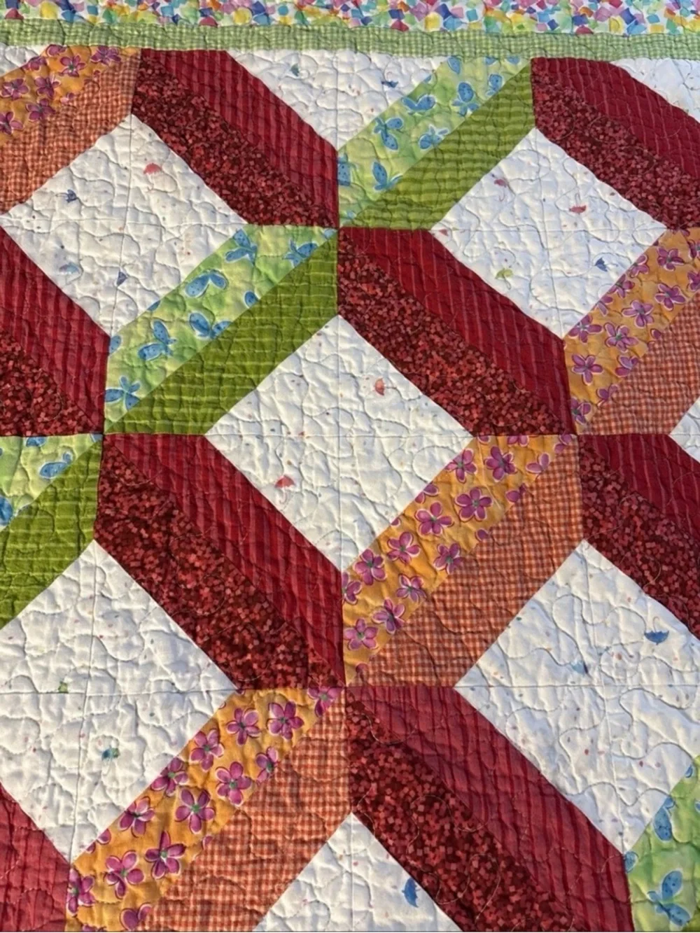 Vintage 1960’s  Handmade Quilt Triangle Diamond Quilt  55” X 44”